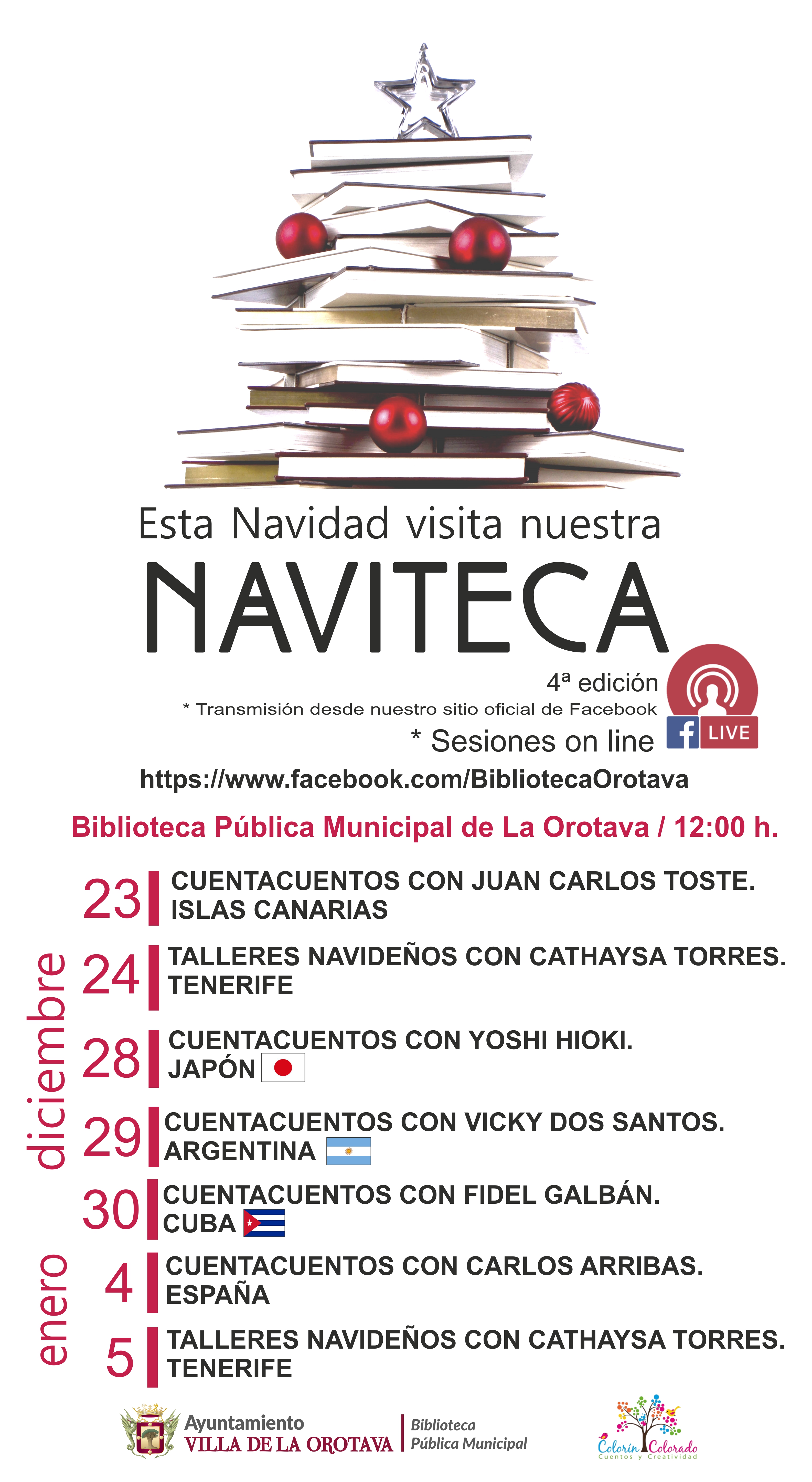 Comienza la IV edición de la Naviteca en la Biblioteca Municipal de La Orotava Las sesiones, que arrancan este miércoles 23 de diciembre y finalizarán el próximo 5 de enero, se retransmitirán por ‘Facebook Live’ en la página de la propia biblioteca