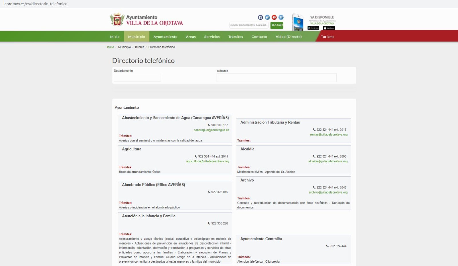 El ‘Directorio Telefónico’ de la web oficial facilita el contacto con las áreas municipales El Ayuntamiento de La Orotava pone a disposición de los vecinos y las vecinas del municipio toda la información necesaria para poder contactar tanto con las concejalías como con los servicios del consistorio