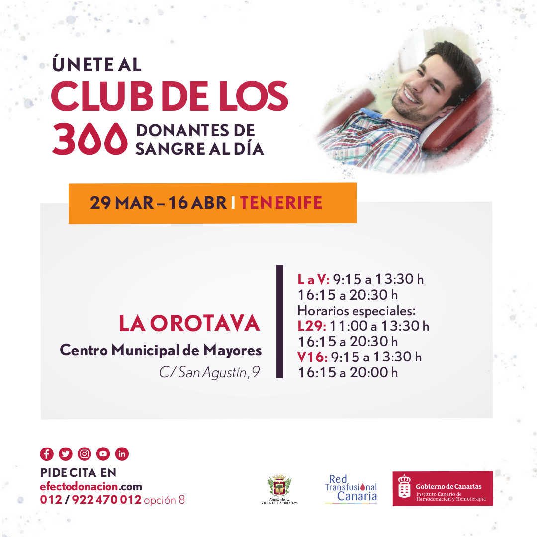 El ‘Club de los 300 donantes de sangre al día’ llega a La Orotava La iniciativa se llevará a cabo entre los días 29 de marzo y 16 de abril, en el Centro Municipal de Mayores de la Villa (calle San Agustín, nº9)