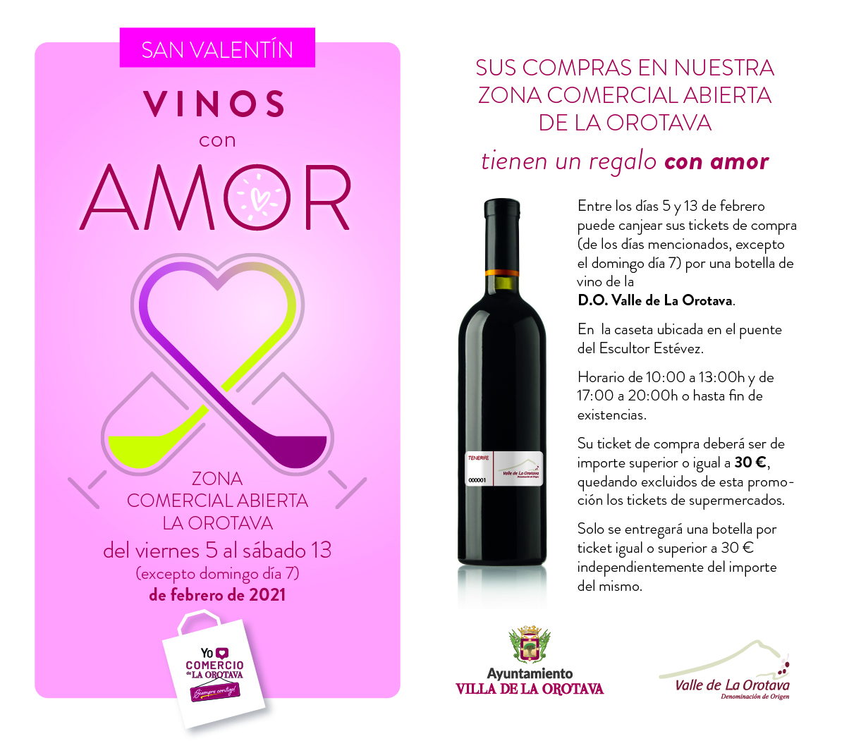 La Orotava celebra San Valentín apoyando al comercio local Entre los días 5 y 13 de febrero los tickets de compras podrán ser canjeados por una botella de vino de la Denominación de Origen Valle de La Orotava